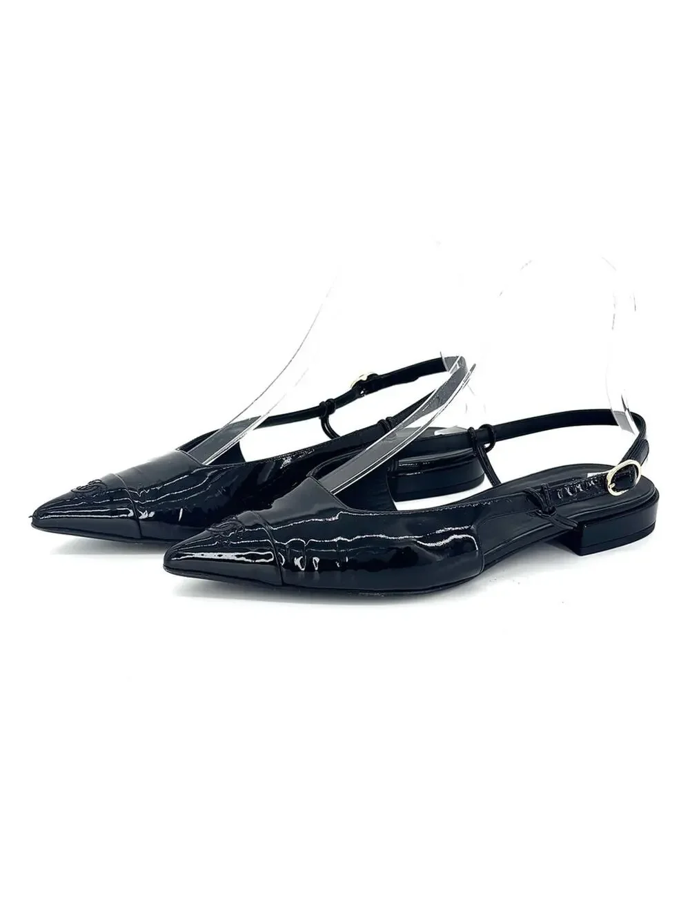 Chanel CC Logo Cap Toe Black Patent Leather Slingback Flats 37.5